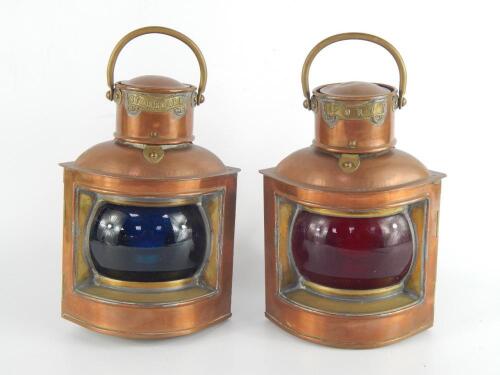 A pair of copper and brass ship's port and starboard lights