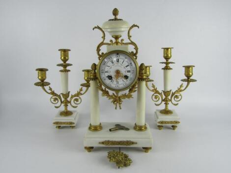 A French late 19thC white marble and ormolu clock garniture for A Lavasseur