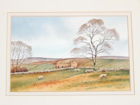 M Booth (British). Rural landscape with sheep