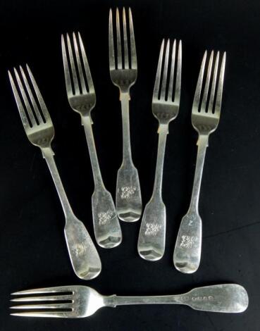 A set of six early Victorian silver Fiddle pattern table forks