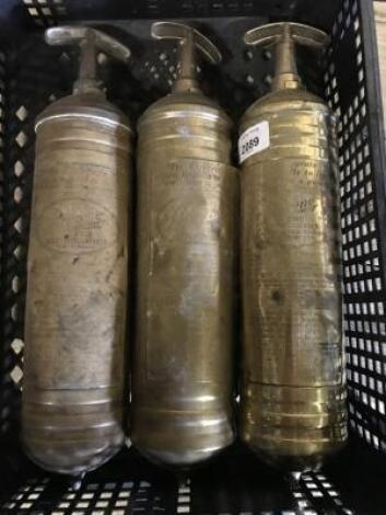 Three Pyrene brass fire extinguishers