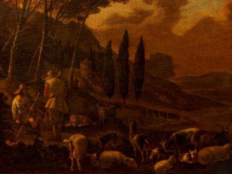 18thC Continental School. Goat herders with goats in landscape