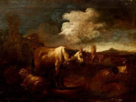 Manner of Phillip Peter Roas. Horse and sheep in mountain landscape