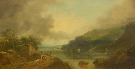 John Joseph Barker of Bath (1824-1904). River landscape with herdsman and cattle