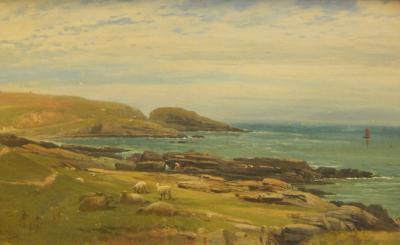 19thC British School. Coastal landscape with figures and sheep