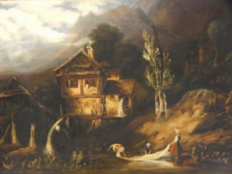 18thC British School. Watermill in landscape with figures