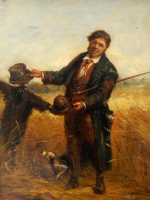 Robert Sanderson (1848-1908). Country gentleman with dog exchanging hats with a scarecrow