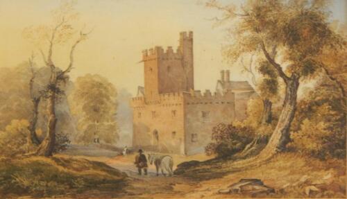 19thC British School. Figure with horse in front of castle