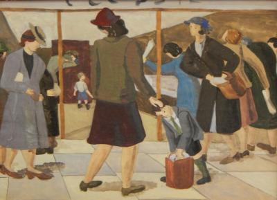 20thC British School. Figures on a shop pavement