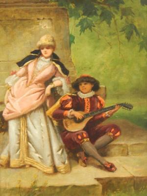 19thC Continental School. Musician and maiden