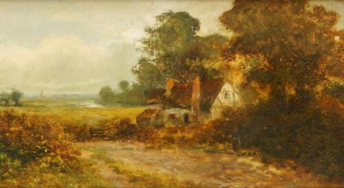 19thC British School. Country cottage in landscape scene