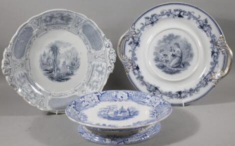 A 19thC blue transfer printed Abbey pattern cake stand