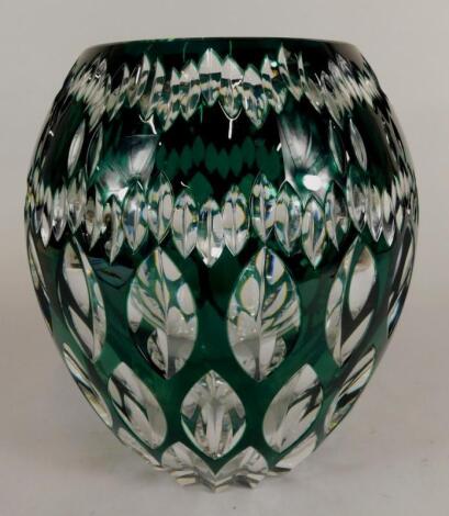 A Val Saint Lambert green overlay bullet shaped glass vase