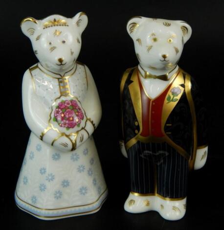 Two Royal Crown Derby Bride and Groom bears paperweights