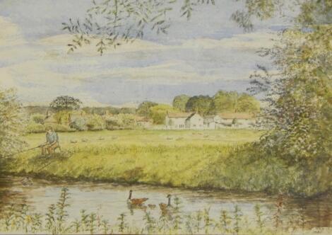 P. Hague (20thC). Fisherman on the bank of the river