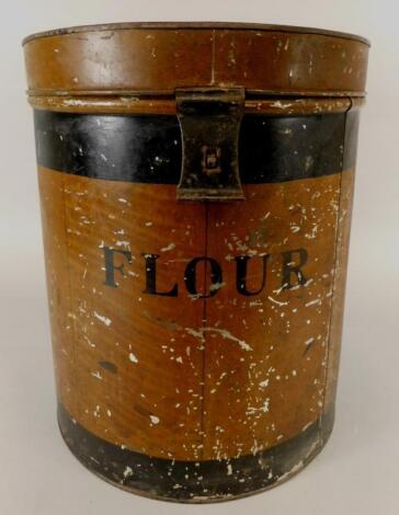 A late 19th/early 20thC painted tin cylindrical flour bin