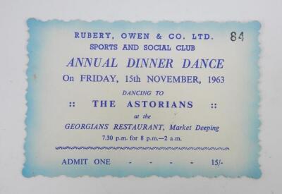 Graham Hill. A Rubery Owen & Co Sports & Social Club Annual Dinner Dance Invitation 1963