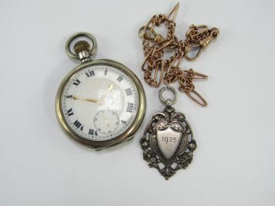 A gentleman's silver open faced keyless wind pocket watch