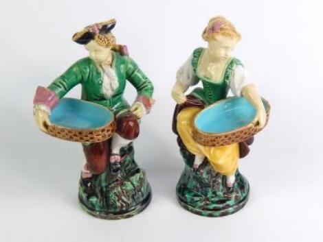 A pair of Minton Majolica late 19thC figural salts