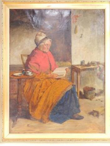 English School (19thC). Old woman reading a book in a kitchen