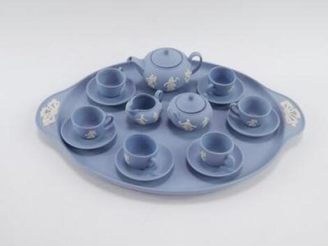 A Wedgwood light blue Jasper Dancing Hours miniature tea set