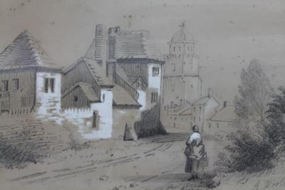 Paige Woosley (late 19thC). Figure on a path before buildings