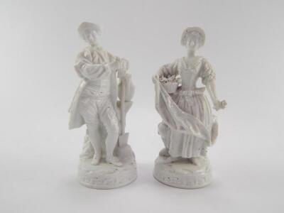 A pair of Meissen late 19thC white glazed porcelain figures