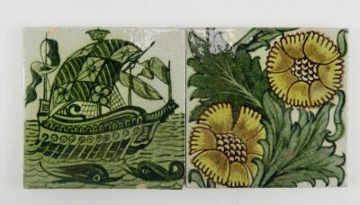 A William de Morgan green pottery galleon tile