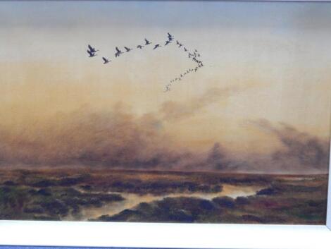 Noel Dudley (1896-1975). Geese flying over marshes at sunset