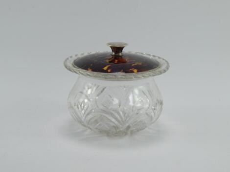 A George VI cut glass bowl with a silver and tortoiseshell lid