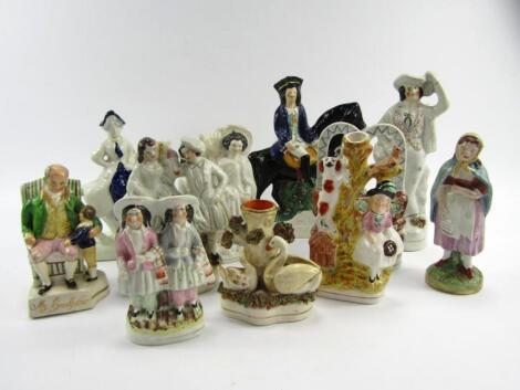 A group of Staffordshire mid 19thC flatback pottery figures