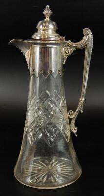 A cut glass and silver plated claret jug