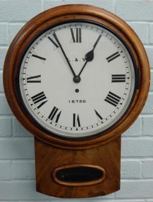 A 19thC mahogany drop dial railway wall clock