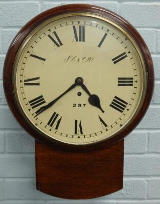 A late 19thC oak railway drop dial wall clock