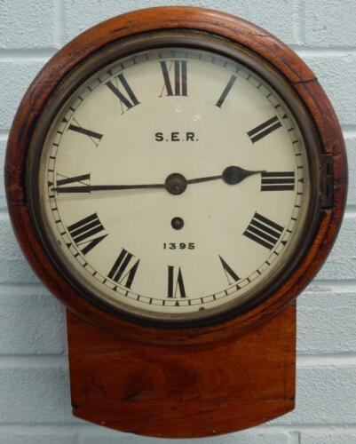 A late 19th/early 20thC mahogany drop dial railway wall clock