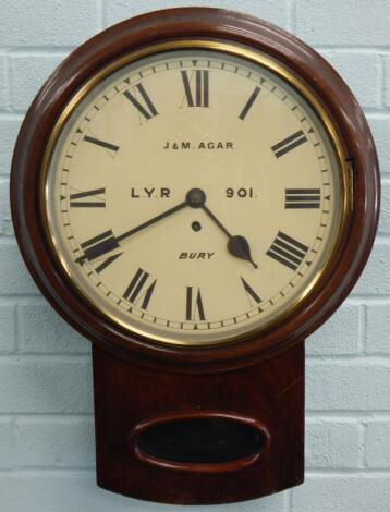 A late 19th/early 20thC mahogany drop dial railway wall clock