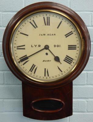 A late 19th/early 20thC mahogany drop dial railway wall clock