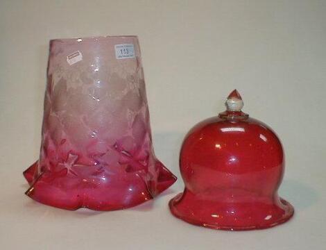 A Victorian cranberry glass shade with etched floral decoration and graduated