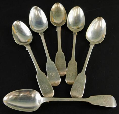 Six various silver fiddle pattern teaspoons