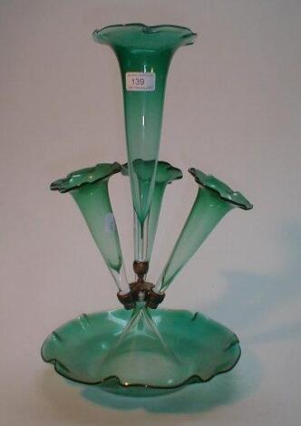 A four trumpet green glass epergne