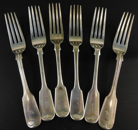 Six various silver fiddle pattern table forks