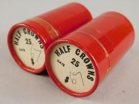 Two cardboard tubes containing half crowns from 1967