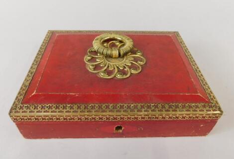 A 19thC red leather and gilt metal workbox