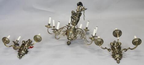 A Continental silvered metal eight branch chandelier