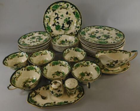 Various items of Masons Ironstone chartreuse pattern dinnerware