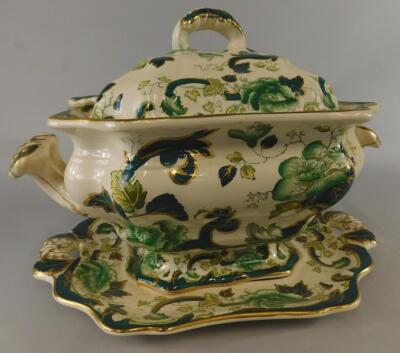 A Masons Ironstone green chartreuse pattern tureen