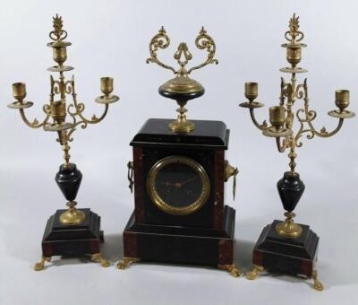 A late 19thC French slate marble and gilt mantel clock garniture