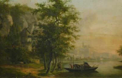18thC Dutch School. Landscape with figures loading a barge