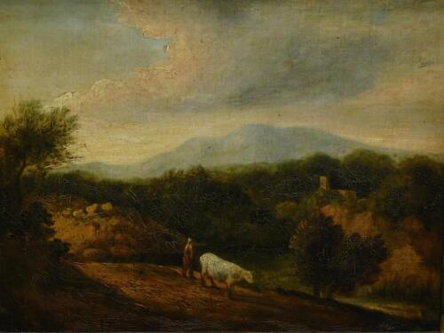 19thC British School. Farmer and cattle in landscape