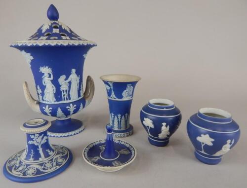 A Wedgwood blue Jasperware urn shaped pot pourri